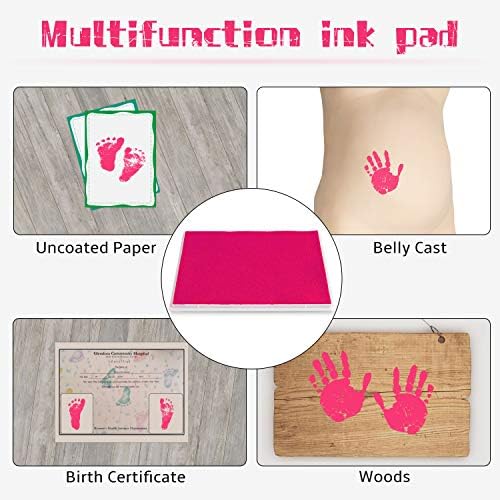 Water soluble pink stamp pad next to a finished baby footprint milestone card