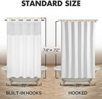 Full length view of 71x74 inches white hookless shower curtain set