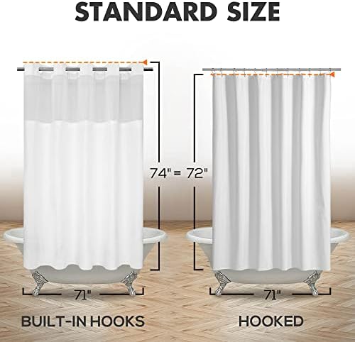 Full length view of 71x74 inches white hookless shower curtain set