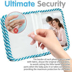 BOHEMIABY fabric photo book attached to a stroller using the durable plastic clip.