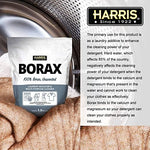 Harris Borax powder being used as a stain remover and water softener.