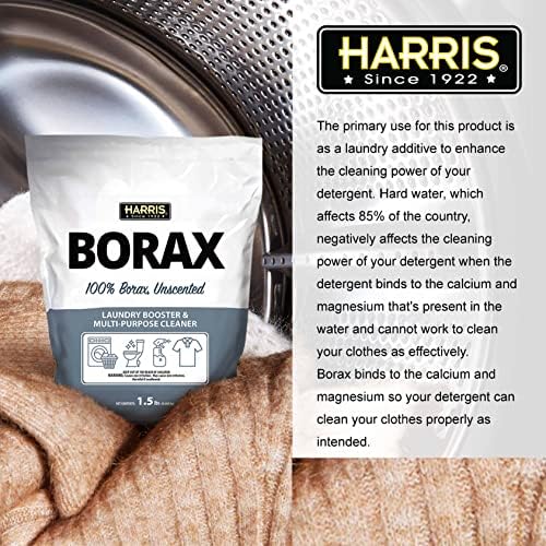 Harris Borax powder being used as a stain remover and water softener.