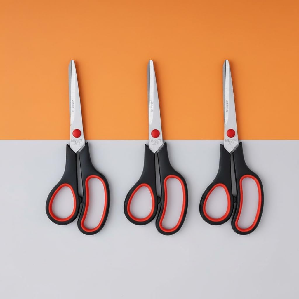 Ottiva multipurpose stainless steel scissors three piece set front view showing black and red comfortable grip handles.