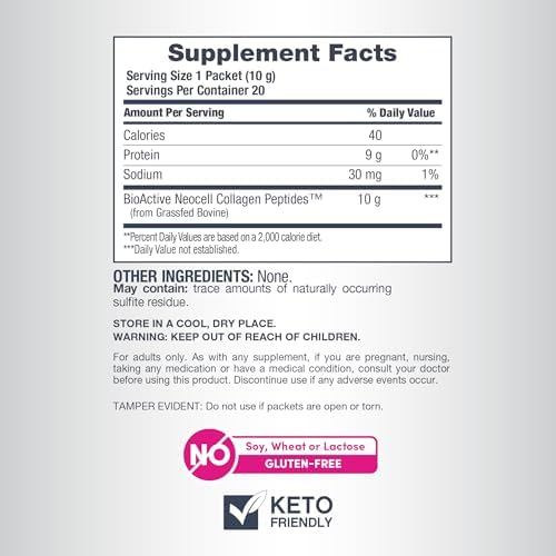 NeoCell Collagen Peptides 20 stick packs box displayed alongside a fresh fruit smoothie indicating easy solubility.