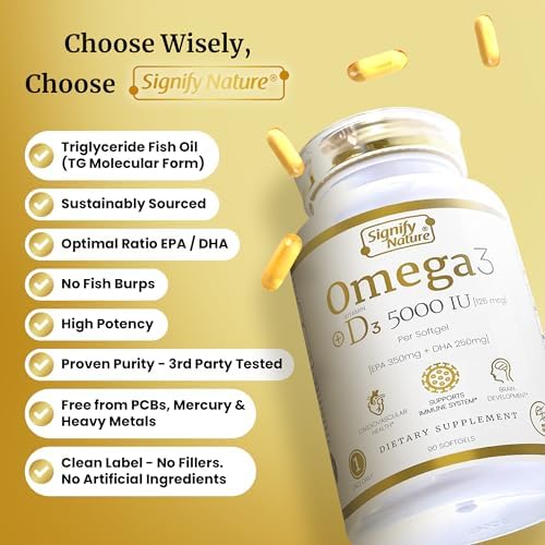 Signify Nature Omega 3 fish oil bottle showing nutritional facts panel with EPA and DHA concentrations
