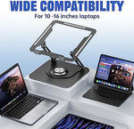 JOYEKY premium desktop riser supporting a large premium laptop in an organized home office workspace setup.