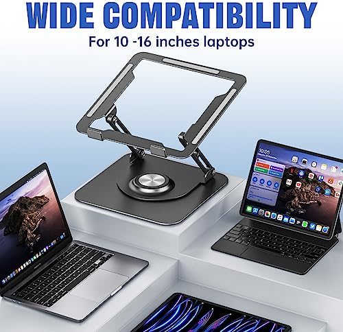 JOYEKY premium desktop riser supporting a large premium laptop in an organized home office workspace setup.