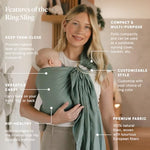 WildBird European linen ring sling adjusted in an ergonomic hip carry position