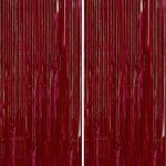 Two pieces of PartyWoo red foil fringe curtains installed on a doorway showing the full 8.2 feet length coverage.