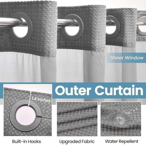 Detachable fabric snap-in liner separating from the main heavy duty curtain.