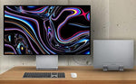 Psitek adjustable vertical laptop dock showing the stainless steel quick-release screws and non-slip silicone padding inside the slot