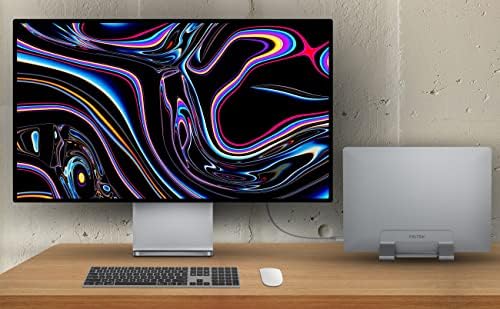 Psitek adjustable vertical laptop dock showing the stainless steel quick-release screws and non-slip silicone padding inside the slot