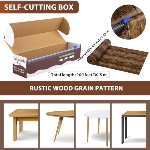 Disposable rustic timber patterned plastic roll spread over a long rectangular party table