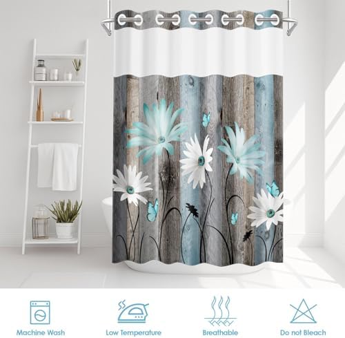 Country style hookless polyester shower curtain hanging in a modern home bathroom