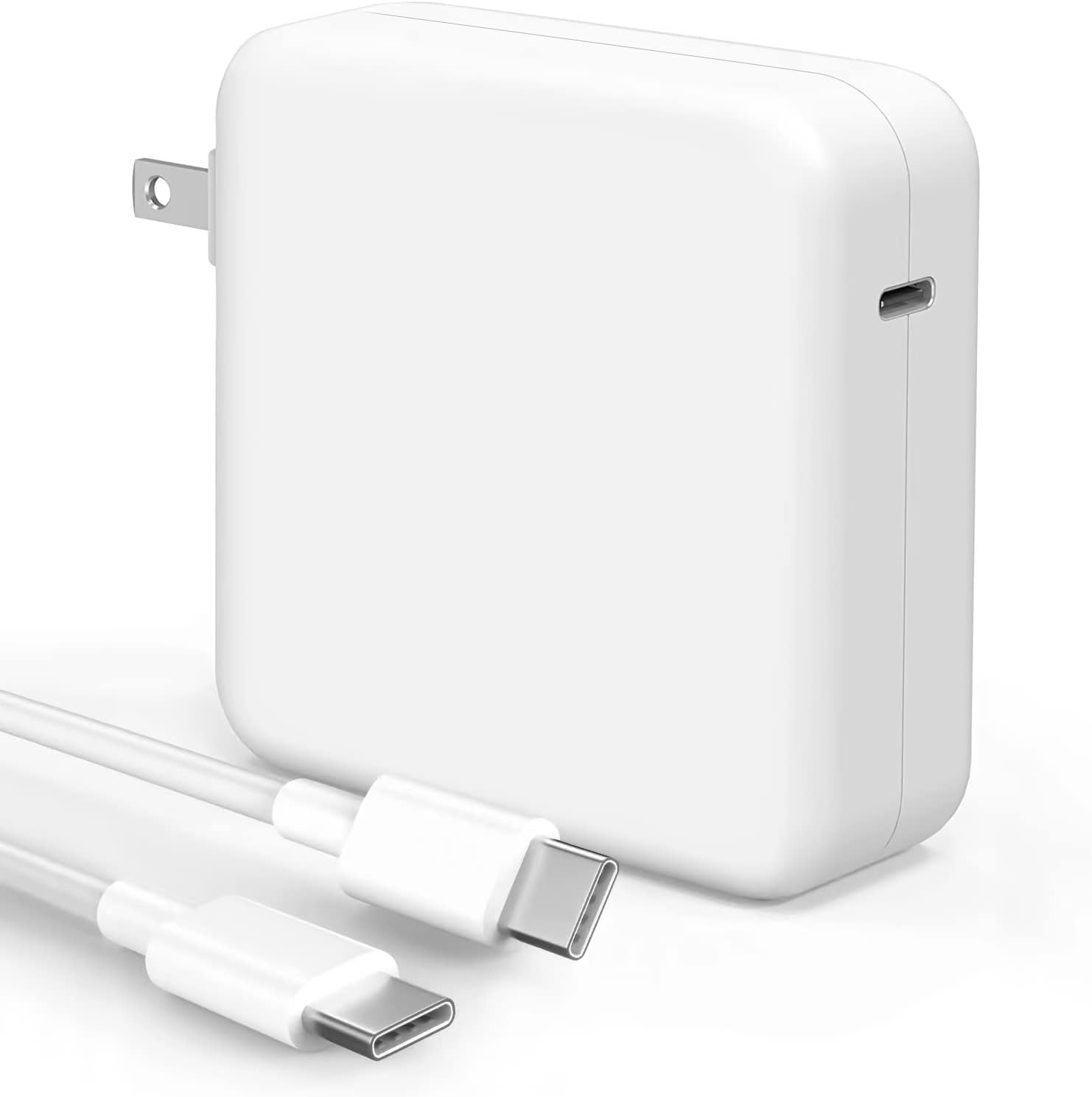 Sunveza 118W USB C fast charger front view showing the glossy white power adapter housing and dual pin plug interface.