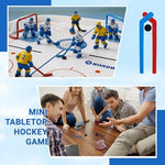Hand powered tabletop hockey game pucks and sticks setup on smooth surface