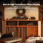 Fosi Audio Box X5 rear panel close up displaying gold plated RCA inputs and outputs with grounding terminal