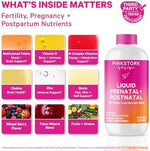 Pink Stork prenatal liquid multivitamin showing label with folate, vitamins B6, C, D