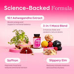 Back label of HerAuré capsules displaying the full herbal ingredient list for women's health.