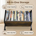 Side angle of the PUTNATRUE retro style desktop organizer highlighting the upward-sloping anti-tip design with Blu-ray discs.