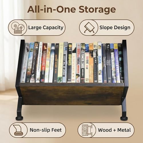 Side angle of the PUTNATRUE retro style desktop organizer highlighting the upward-sloping anti-tip design with Blu-ray discs.