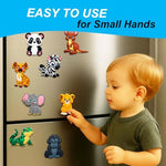 ALNETI educational rubber magnetic animals being arranged by a toddler on a domestic whiteboard