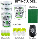 Twelve custom buckets arranged for golf pong game