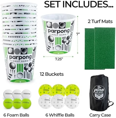 Twelve custom buckets arranged for golf pong game