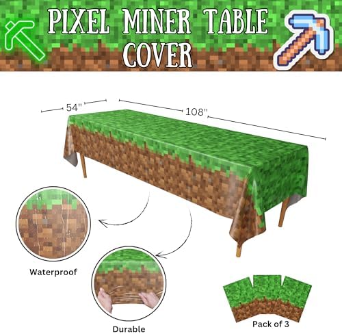 Disposable pixelated gaming party tablecloth spread across a rectangular table as a vibrant birthday decoration.