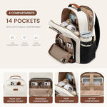 Open compartment view of waterproof travel backpack purse revealing fourteen organizational pockets