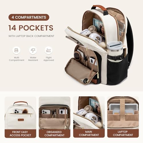 Open compartment view of waterproof travel backpack purse revealing fourteen organizational pockets