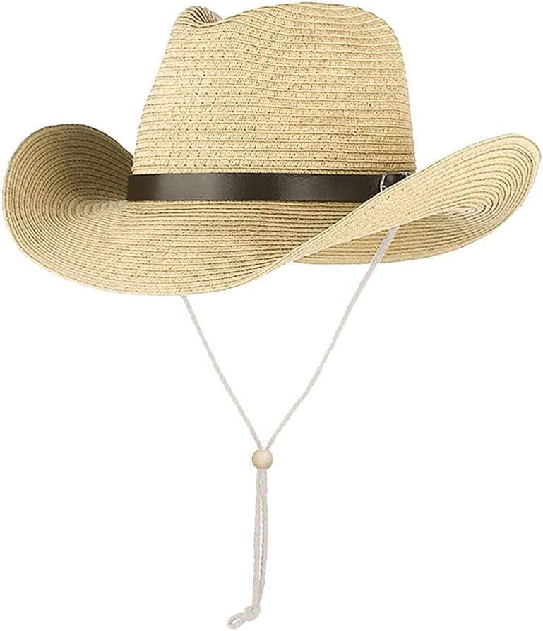 Khaki straw cowboy hat detail of faux leather accent band