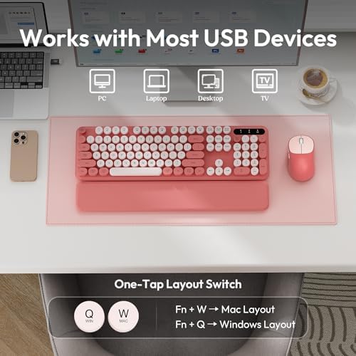 Overhead view of splash resistant pink keyboard and mouse set for office use