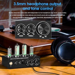Douk Audio T9 hifi preamplifier showing orange backlight option on vacuum tubes