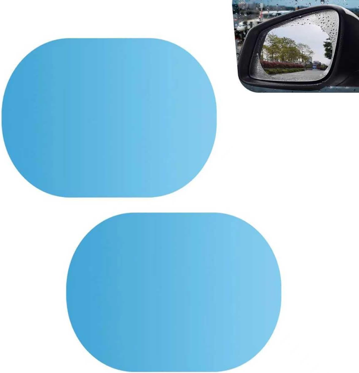 Opuweiy Rearview Mirror Film packaging front view showing two pieces of clear oval protective sheets for cars.