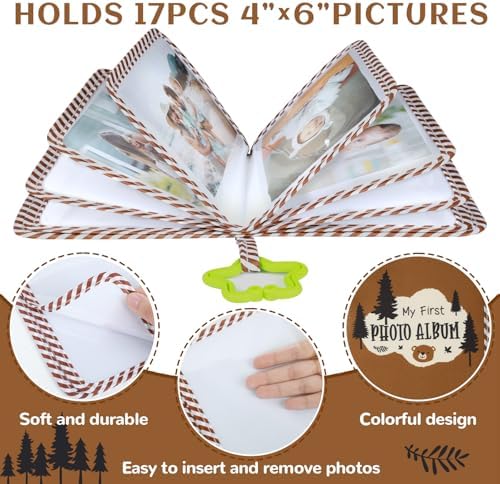 Woodland themed infant photo album displaying the integrated round baby-safe mirror on the cover.