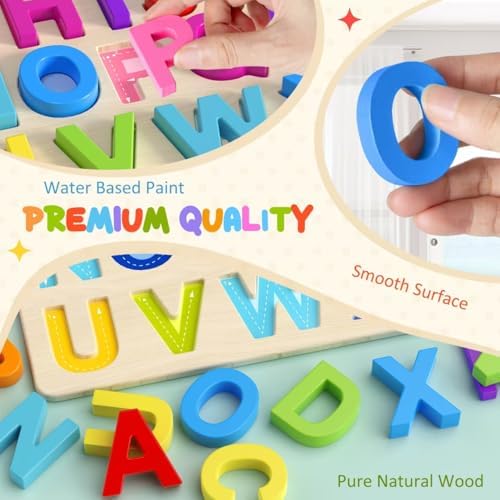 Zeoddler Montessori letter recognition puzzle showing illustrations underneath the uppercase letter blocks