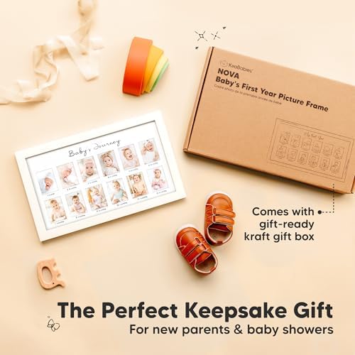 KeaBabies Alpine White wood first year picture frame back view highlighting the easel stand and wall hanging hardware.