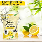 Close up of the 13 ounce Aromasong citrus carpet powder container showing ingredients.