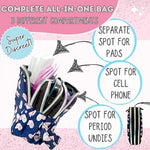 Discreet teen period bag for school showing compact size and heart pattern.