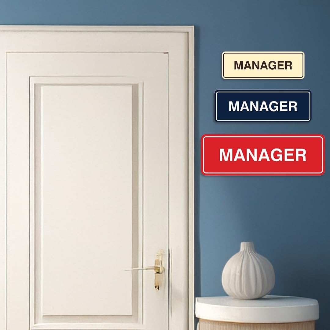 All Quality red and gold manager sign in corporate office setting