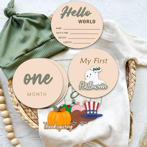Cephira wooden baby milestone signs featuring the Hello World newborn announcement plaque with blank spaces for birth details