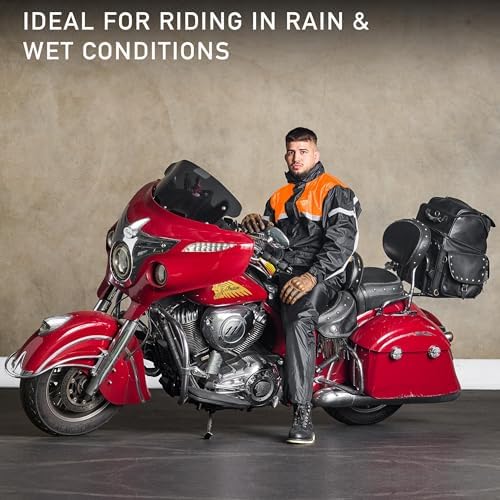 Nomad USA lightweight motorcycle rain suit in orange and black
