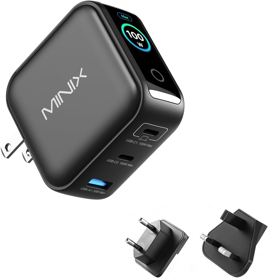 MINIX NEO P3 Pro 100W GaN charger front view showing active smart LED display screen