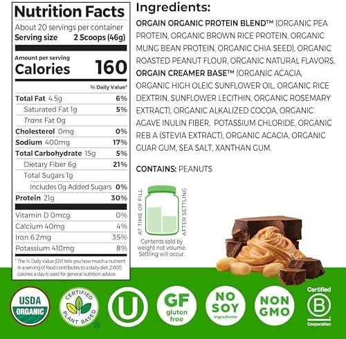 Scoop of Orgain chocolate peanut butter protein powder for smoothies