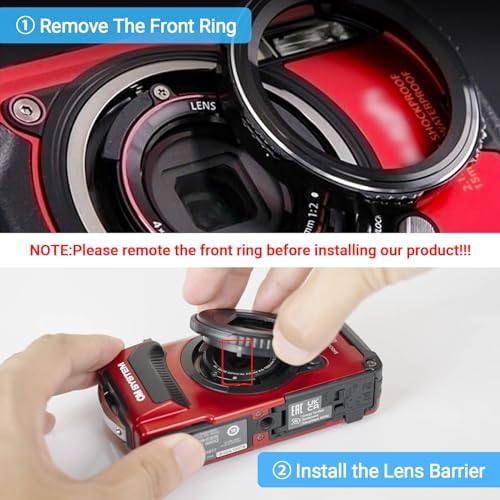 JJC lens cap barrier for Olympus TG-7 camera showing open blades after counterclockwise rotation.