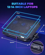 Havit cooling pad with six active quiet fans glowing blue under a compact laptop