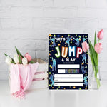 Complete twenty count package of kids jump and play birthday party invitations with matching stationery envelopes