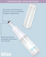 Bliss travel size toiletry containers emphasizing the compact TSA approved design for luggage.