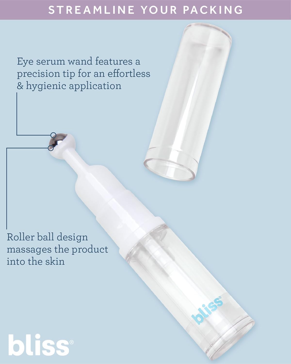 Bliss travel size toiletry containers emphasizing the compact TSA approved design for luggage.